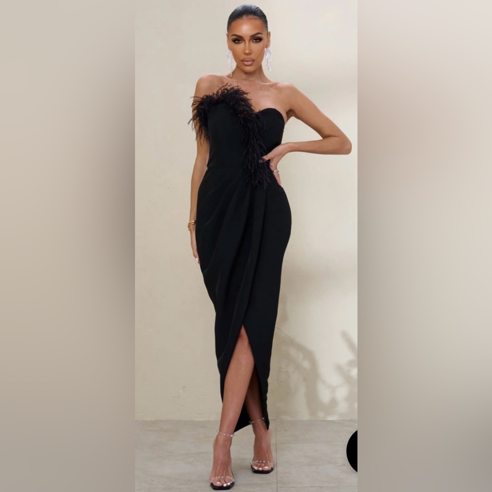 Black Bandeau Dress with Feather Trim